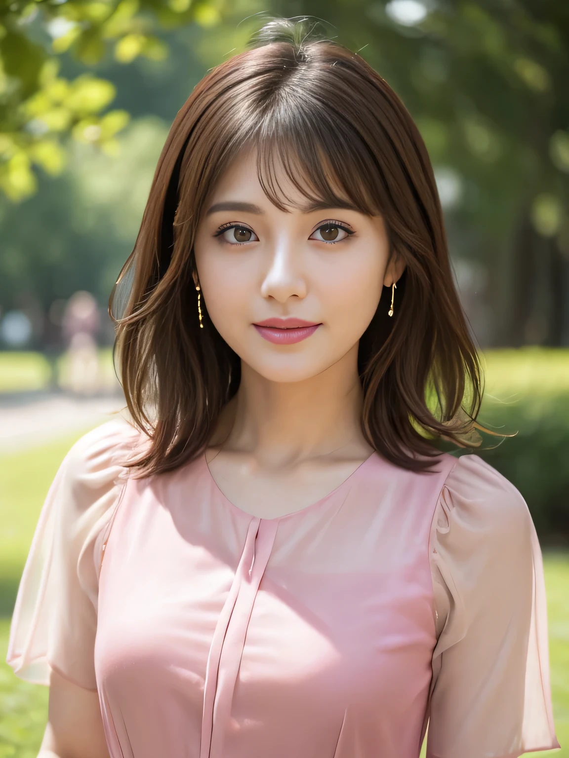 (RAW Photos), (Photo realistic), (masterpiece), (Highest quality), High resolution, 8K resolution, (Intricate details), (Volumetric Light), Portraiture, woman, 30 years old, Medium Hair, Layered Hair, Brown Hair, Highly detailed eyes, Source order, Very thin eyebrows, Highly detailed skin, Highly detailed mouth, Highly detailed nose, Cute like an idol, smile, ((Pink lipstick)), ((Look at the viewers)), (An elegant and transparent red see-through short-sleeved dress), ((Bodies facing random directions)), green park background,