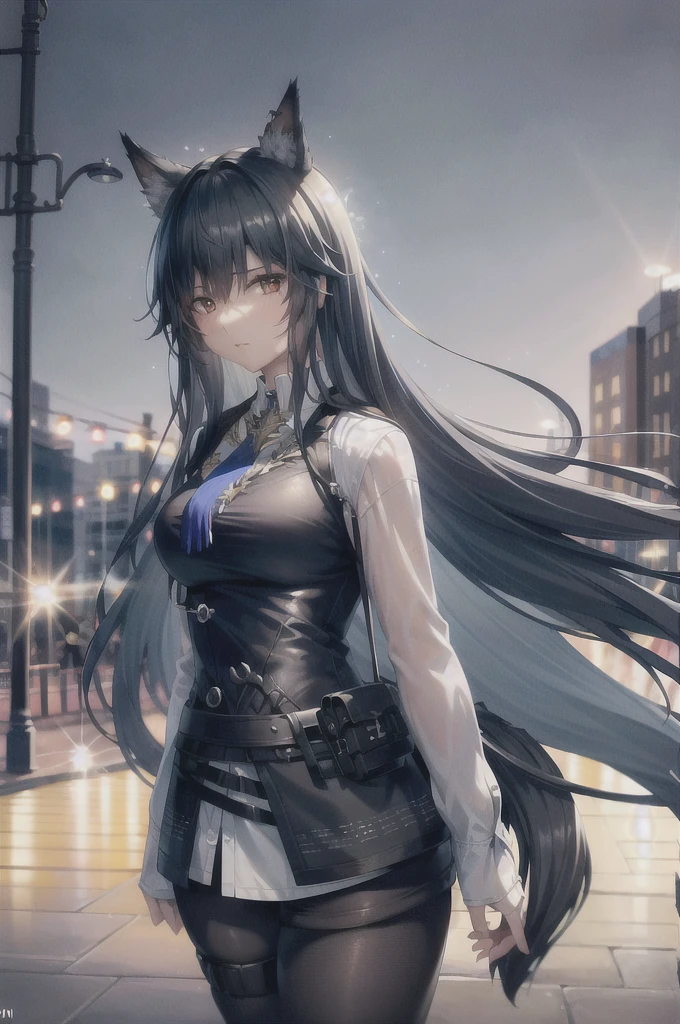 (8k, RAW photo, best quality, masterpiece:1.4), ultra high res, (realistic, photo-realistic:1.48),omertosa,1girl,(Kpop idol), (aegyo sal:1),cute, (super bokeh night city center:1.25), bokeh, night, traffic lights, road sign, rain, after rain, wet, professional lighting, detailed lighting, photon mapping, radiosity, physically-based rendering,Black pantyhosebloom, backlighting, depth of field, natural lighting, hard focus, film grain, one meter shooting distance, professional photoshoot, photographed with a Sony a9 II Mirrorless Camera, detailed eyes, realistic eyes, detailed shadow, looking at viewer, dog ears, detailed lighting, skirt, black skirt, thighhighs, black thighhighs, (detailed hair, realistic hair, realistic lighting, realistic shadow, realistic outfit), realistic skin, (gun on waist:1), realistic reflection of light from above, ((arms behind back)),(hands behind),tube top,sexy