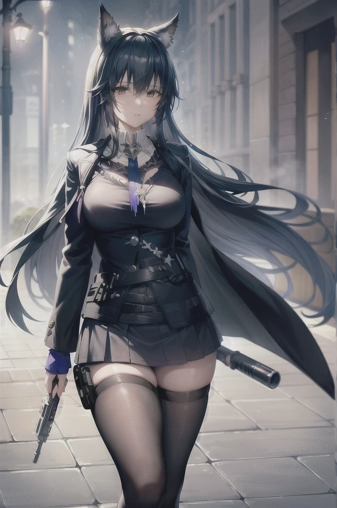 Beauty Agent,Long hair and waist,Purple eye,Small black silk suspenders,take gun,Good girl,Standing painting,white backgrounid,Japanese freshness