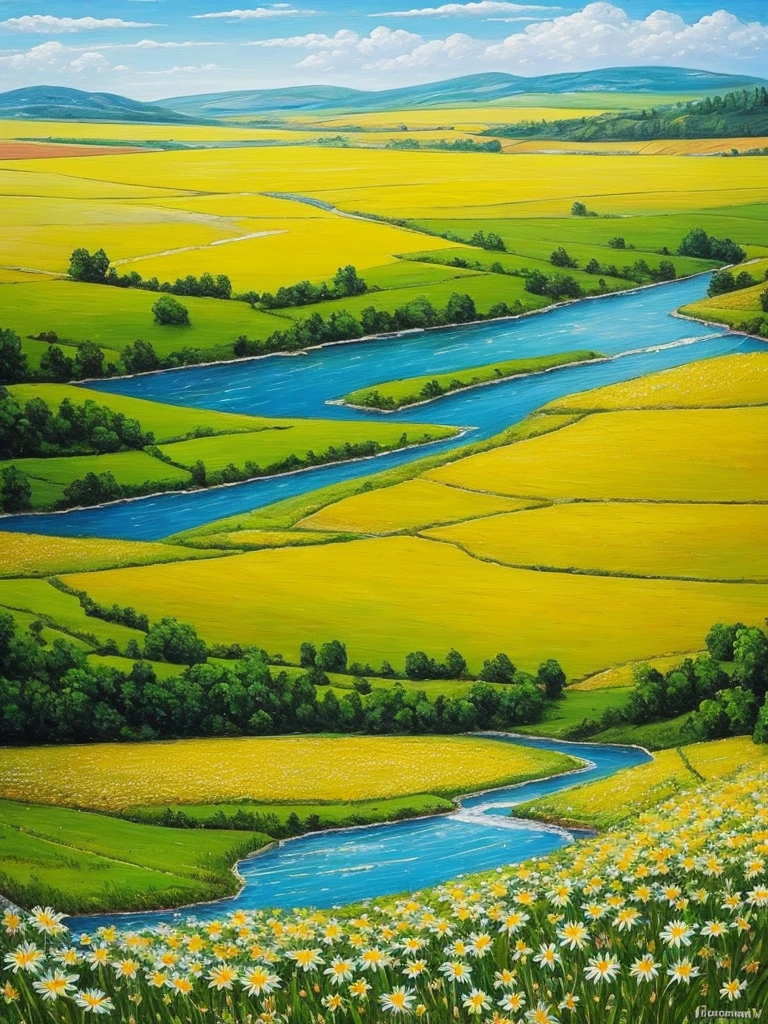 painting of a field of daisies and a river in the distance, an oil painting by Eugene Tertychnyi, flickr, naive art, meadow with flowers, meadows on hills, field of flowers, [ oil painting ]!!, landscape oil painting, summer landscape, summer meadow, meadows, painting of, oil painting!!!, field of wild flowers, sunny meadow