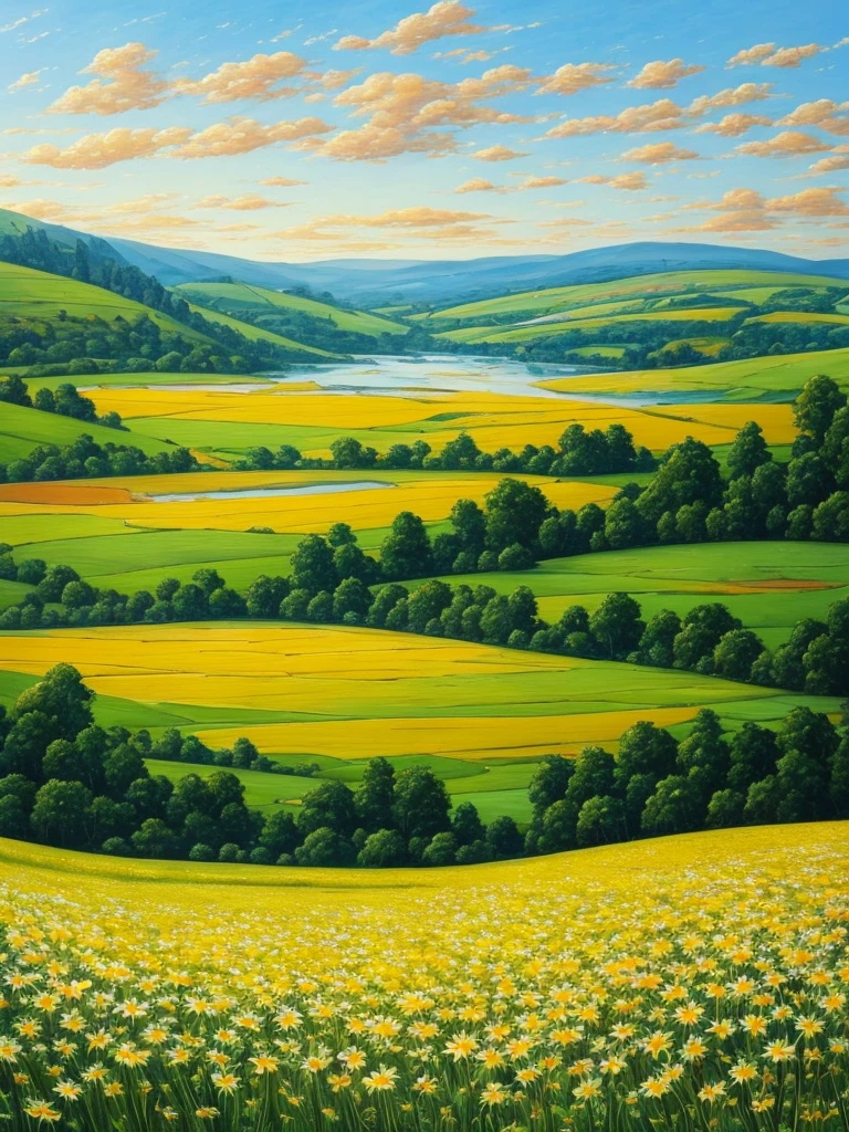 painting of a field of daisies and a river in the distance, an oil painting by Eugene Tertychnyi, flickr, naive art, meadow with flowers, meadows on hills, field of flowers, [ oil painting ]!!, landscape oil painting, summer landscape, summer meadow, meadows, painting of, oil painting!!!, field of wild flowers, sunny meadow