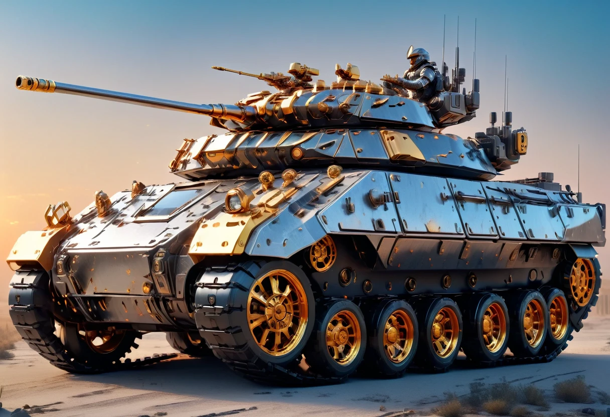 solid light grey background, Gold and black transparent mechanical armored vehicle , Complex and sophisticated internal structure, Heavy golden armor,Heavy weapons, (Well-designed, High Detail, masterpiece, best quality, Ultra HD, Sharpen details)