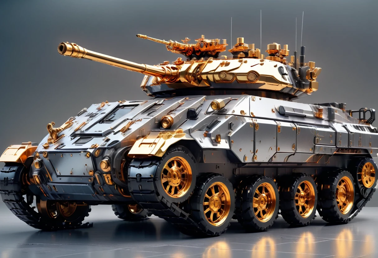 solid light grey background, Gold and black transparent mechanical armored vehicle , Complex and sophisticated internal structure, Heavy golden armor,Heavy weapons, (Well-designed, High Detail, masterpiece, best quality, Ultra HD, Sharpen details)