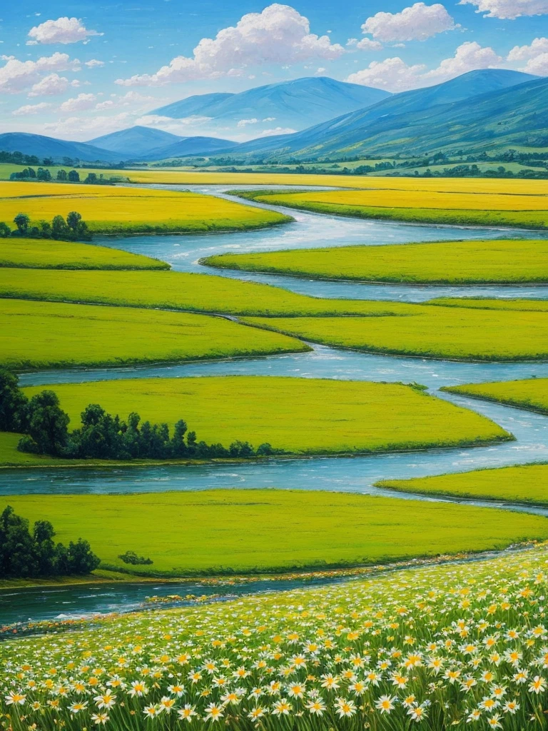 painting of a field of daisies and a river in the distance, meadow with flowers, meadows on hills, field of flowers, by Eugene Tertychnyi, [ oil painting ]!!, landscape oil painting, by Franciszek Starowieyski, summer landscape, summer meadow, by Sylvester Shchedrin, meadows, by Dechko Uzunov