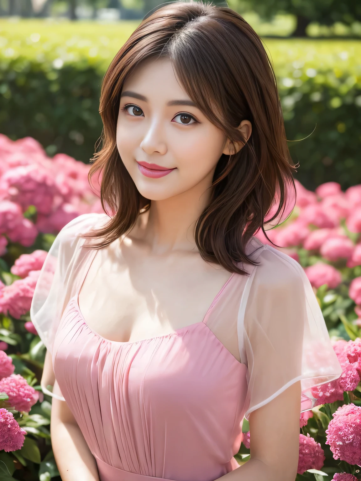 (RAW Photos), (Photo realistic), (masterpiece), (Highest quality), High resolution, 8K resolution, (Intricate details), (Volumetric Light), Portraiture, woman, 30 years old, Medium Hair, Layered Hair, Brown Hair, Highly detailed eyes, Source order, Very thin eyebrows, Highly detailed skin, Highly detailed mouth, Highly detailed nose, Cute like an idol, smile, ((Pink lipstick)), ((Look at the viewers)), (An elegant and transparent red see-through short-sleeved dress), ((Bodies facing random directions)), green park background,