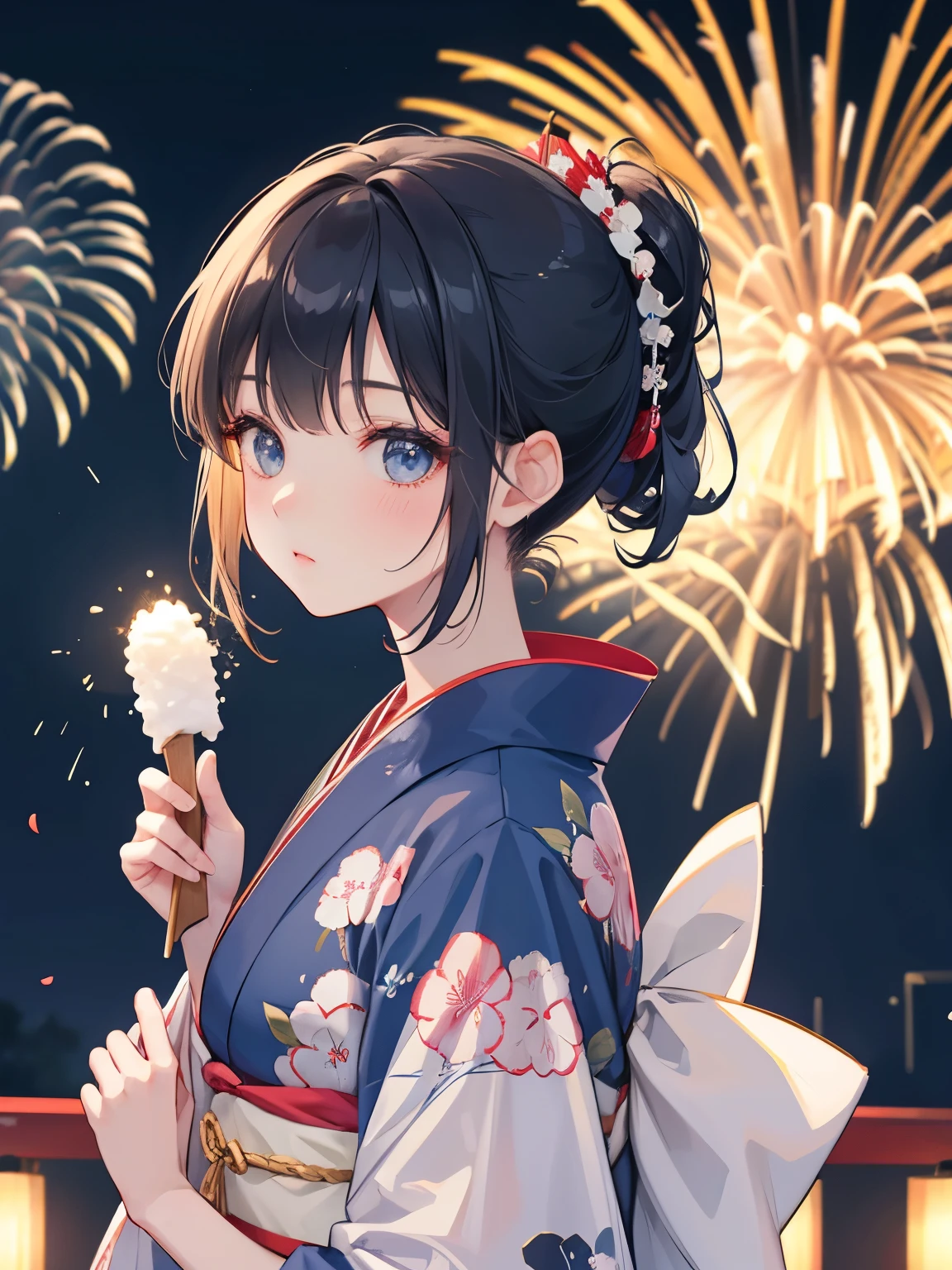woman、Hair tied up、Straight Bangs、High resolution、Summer festival、navy kimono、shaved ice、firework