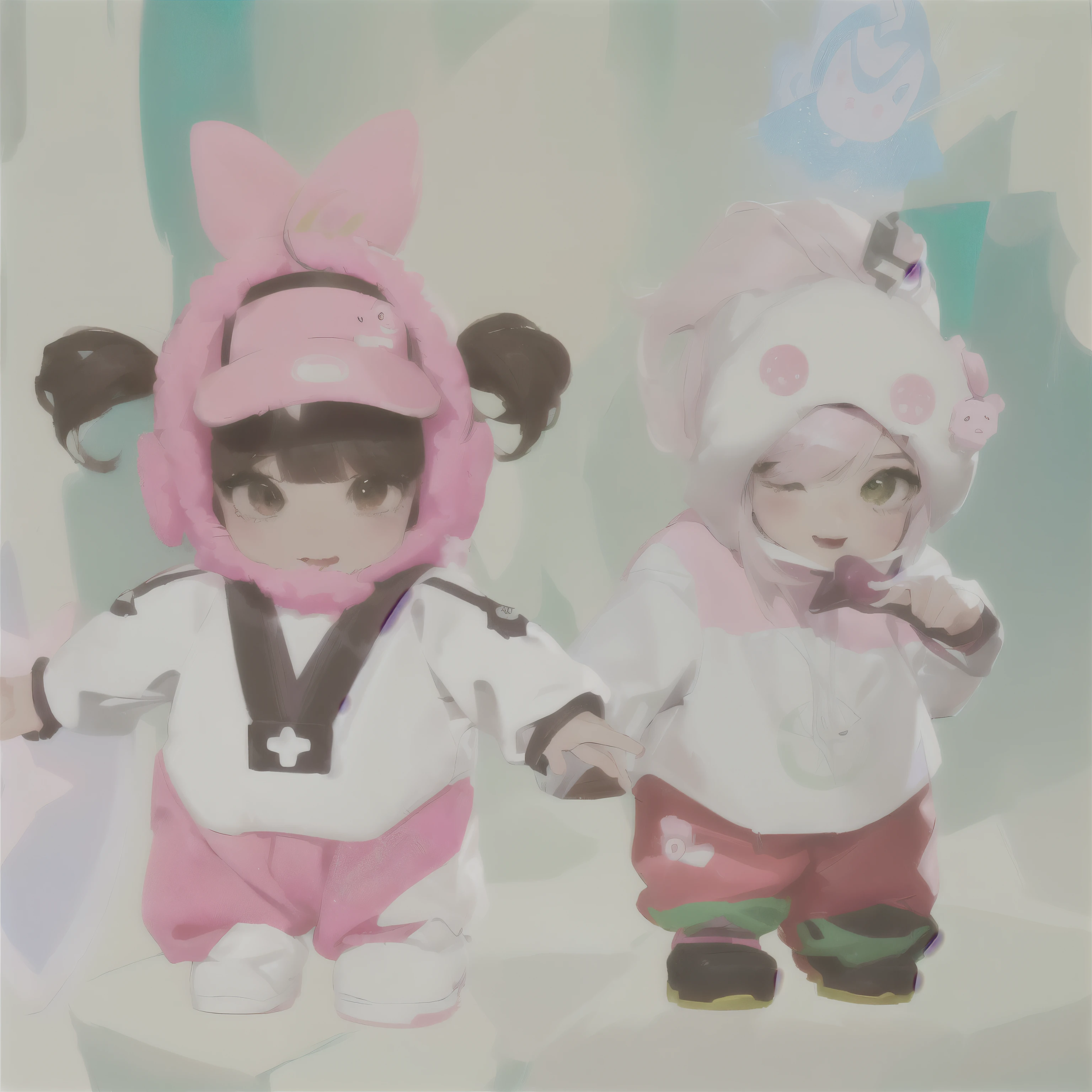 There are two cartoon characters standing together, You are hungry, Medium shot of two characters, Kawaii HD Rendering, Pink Iconic Character, From Overwatch, Moon Themed Clothing, Cute Internet God, Nixon and Sakimchan, danbooru 和 artstation, Inspired by Wang Duo, Nod, Pokémon Sword and Shield, John Parker