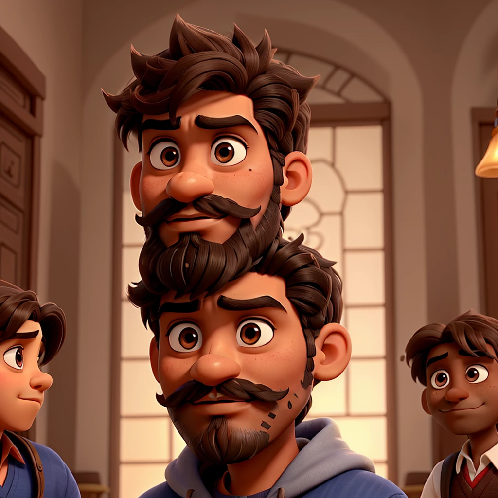 Boy with dark brown eyes, hair, beard and mustache, dark skin, features of an Indian prince, face a little round, serious countenance, penetrating gaze, looking like a Disney Aladdin.
