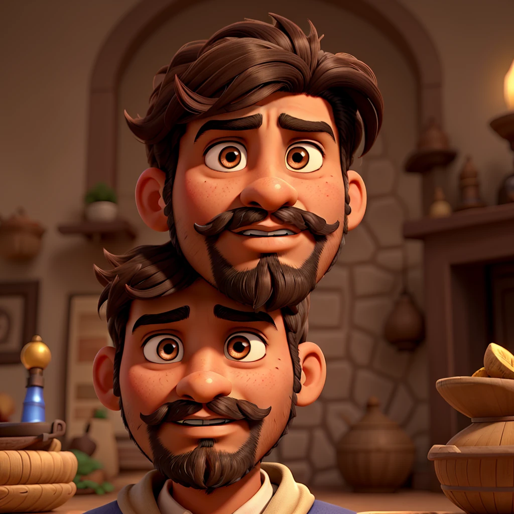 Boy with dark brown eyes, hair, beard and mustache, dark skin, features of an Indian prince, face a little round, serious countenance, penetrating gaze, looking like a Disney Aladdin.