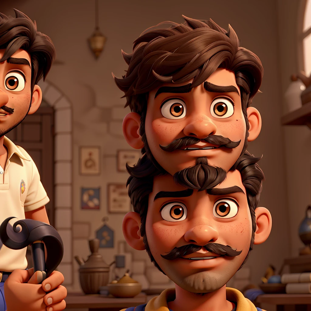 Boy with dark brown eyes, hair, beard and mustache, dark skin, features of an Indian prince, face a little round, serious countenance, penetrating gaze, looking like a Disney Aladdin.