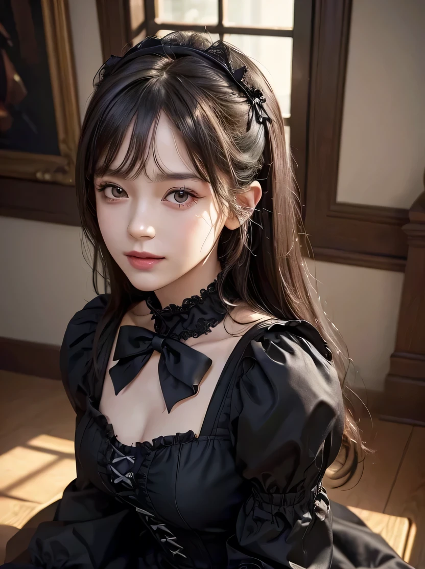 ((masterpiece, top quality, very detailed, high resolution, photorealistic, sharp focus)), high contrast, high saturation, ((bust shot, focus from the chest up)), one beautiful girl, View viewer, highly detailed fine eyes, (detailed face), fine details, darkness, deep shadows, smile, black shawl straight hair, 46 point diagonal bangs, cyb dress, frilled dress, frills, gothic, bow , long sleeves