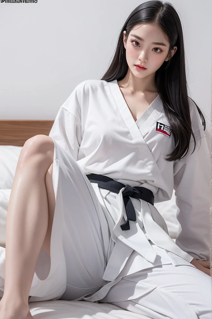 masterpiece, ultra details, best quality, 1 korean taekwondo girl, masterpiece, ultra details, best quality, black long straight hair, wearing sweaty white World Taekwondo Federation dobok uniform with black v-neck, wearing taekwondo blackbelt, wearing white martial arts pants without pockets, large sweaty butt, large breasts, laying on wet hotel bed showing butt, sweat droplets on face, seductive facial expression, blushing