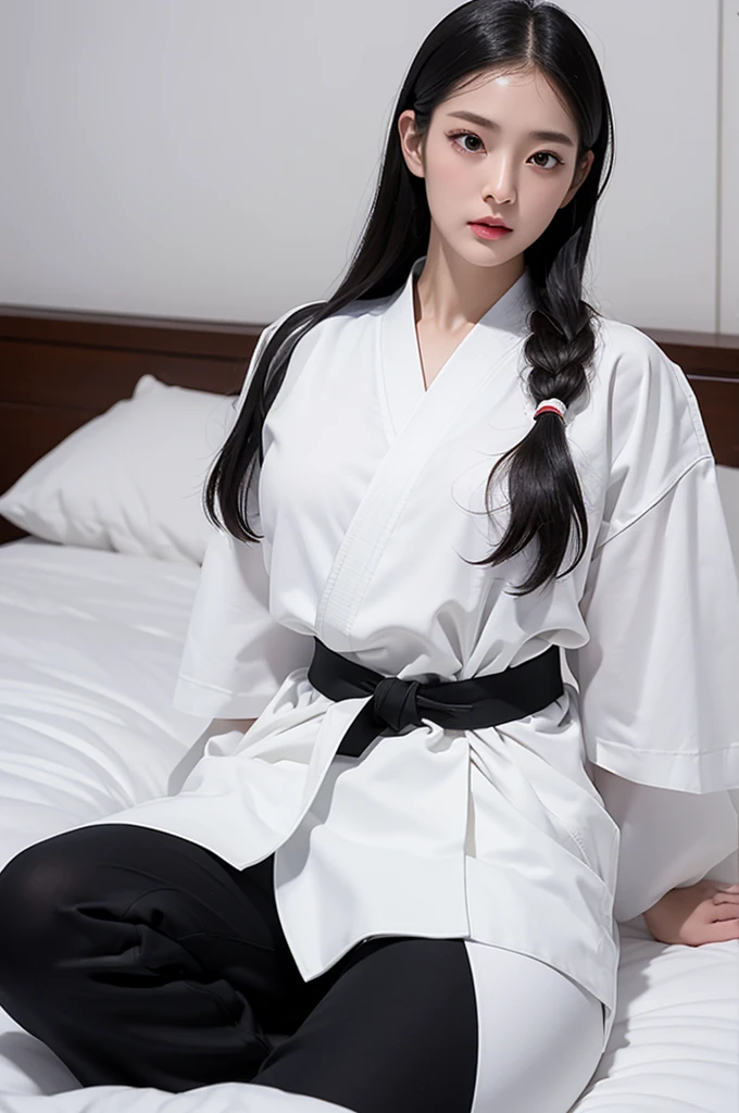 masterpiece, ultra details, best quality, 1 korean taekwondo girl, masterpiece, ultra details, best quality, black long straight hair, wearing sweaty white World Taekwondo Federation dobok uniform with black v-neck, wearing taekwondo blackbelt, wearing white martial arts pants without pockets, large sweaty butt, large breasts, laying on wet hotel bed showing butt, sweat droplets on face, seductive facial expression, blushing