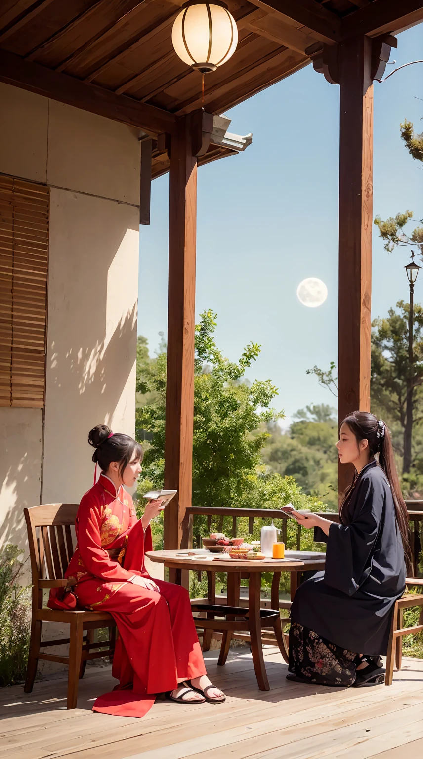 In the courtyard,There are beautiful wooden tables and chairs,Mooncakes on the table、fruit、tea, wait,There are also incense candles to add some ambient light.。The girls stood scattered throughout the courtyard.,Some people sit on chairs,Laughter。They are all、Wearing ancient Chinese clothing,Disheveled clothes,See further,A bright moon is floating in the sky。The image style is、Combining watercolor and digital illustration techniques,You'll feel like you're there。