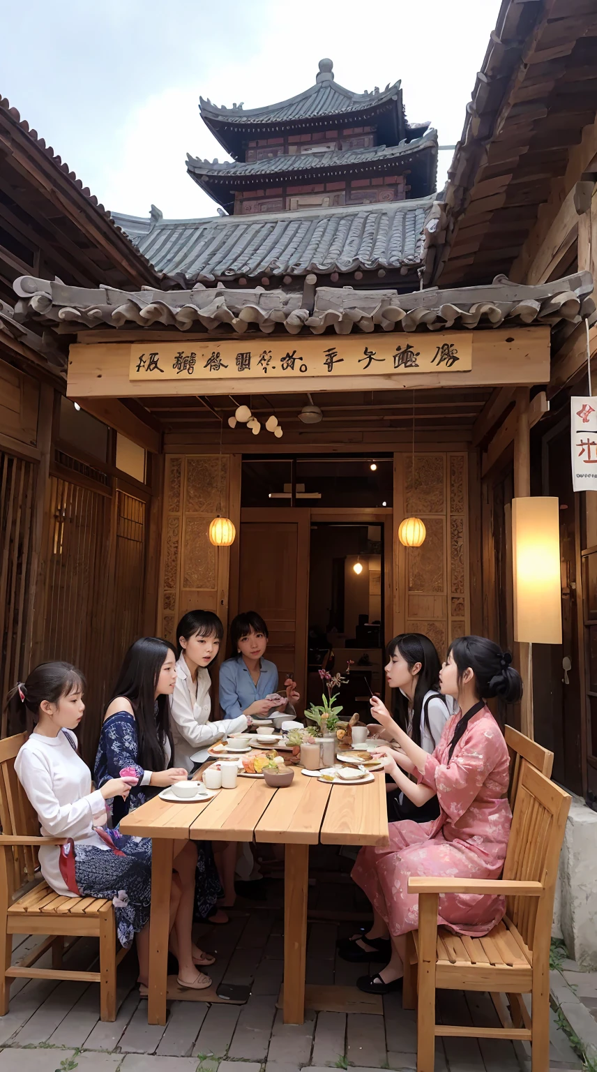 In the courtyard,There are beautiful wooden tables and chairs,Mooncakes on the table、fruit、tea, wait,There are also incense candles to add some ambient light.。The girls stood scattered throughout the courtyard.,Some people sit on chairs,Laughter。They are all、Wearing ancient Chinese clothing,Disheveled clothes,See further,A bright moon is floating in the sky。The image style is、Combining watercolor and digital illustration techniques,You'll feel like you're there。