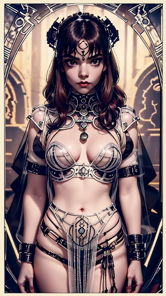 tarot card, chiaroscuro technique on sensual illustration of an queen of sword, a teenage fashion model wearing an exo-skeleton mask, vibrant colors, futuristic cyberpunk style, intricate details, cinematic lighting, dramatic pose, 