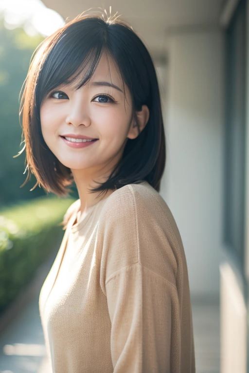 One girl, Mature Woman, E Cup,photograph, Realistic, Highest quality, employment, office,Detailed face, Detailed Background, Diffused sunlight, Depth of written boundary, Bokeh,Bob,smile,front,Ayako Hironaka,Selfie,Upper Body,OL,shirt
