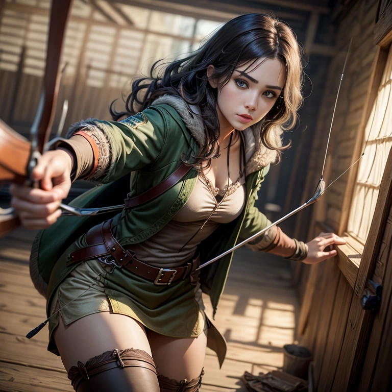 Female Robin hood toned in shooting arrow with crossbow, archer