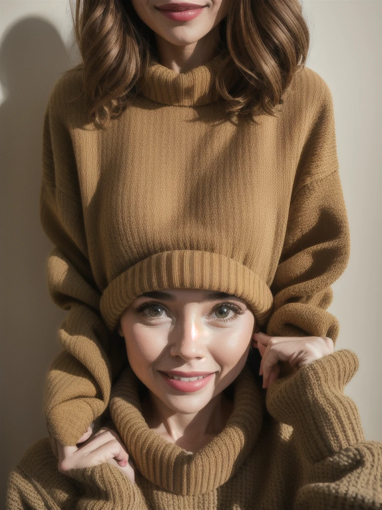 photorealistic, best quality, hyper-detailed, beautiful woman, selfie photo, upper body, solo, wearing pullover, 3 different styles and clothes, studio, real life, cheerful, happy, sweater, model pose, analog style, looking at viewer, skin texture, film grain, close up, ultra high resolution, best shadow, RAW, Instagram LUT