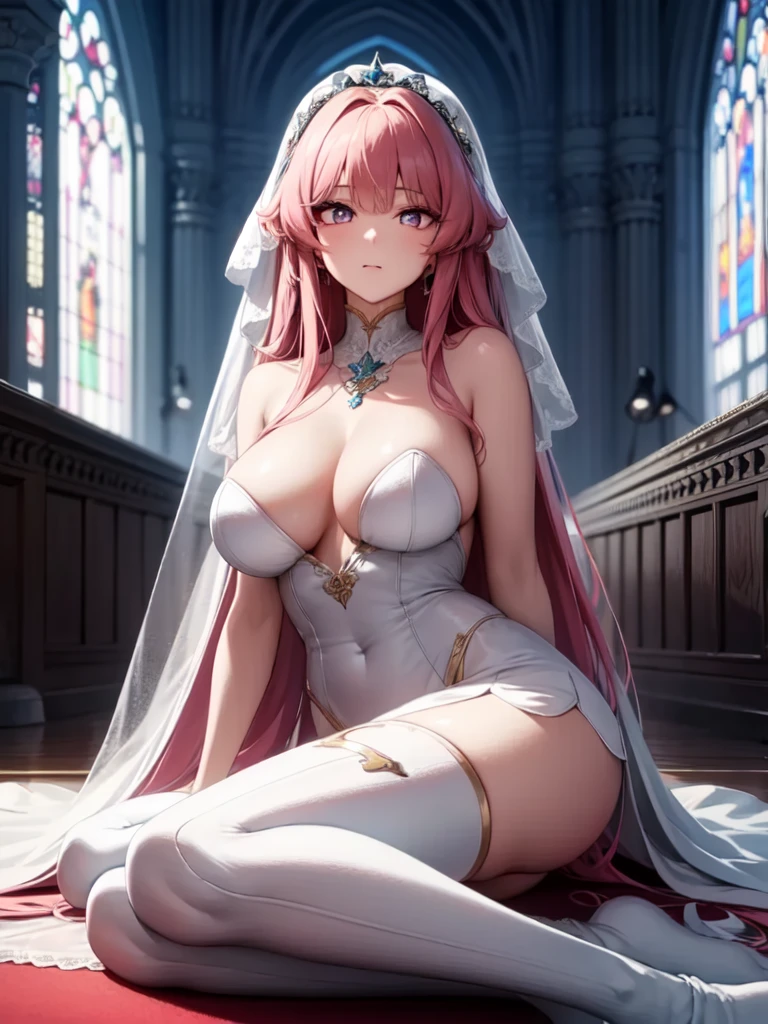 A girl，Long hair, Bangs, Pink Hair, Hair between the eyes, s eyes:（1.5),  (Large Breasts:1.2), 
rest  锁骨, Wedding dress，veil，wedding，White Dress，Flowers，The skirt is broken，White socks，Tights，White knee socks，
Looking at the audience, whole body,
indoors, church，permanent，permanent，
rest (masterpiece:1.2), best quality, high resolution, Unity 8K wallpaper, (illustration:0.8), (美丽细致s eyes:1.6), Extremely detailed face, Perfect lighting, Extremely detailed CG, (Perfect hands, Perfect anatomical structure),