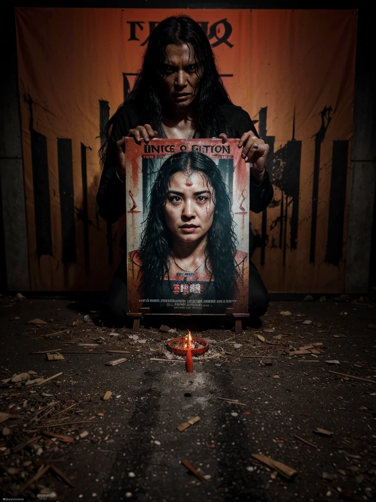 movie poster for supernatural horror mockumentary found footage,(incantation),official poster, official poster artwork, horror mockumentary found footage, horror poster, poster artwork, full poster, character poster, poster, poster cover art, horror movie, poster art promotions, Taiwanese horror films, a number of students searching for a cursed village, film posters, scary and tense documentation, breaking taboos and forbidden things, strange spell symbols, cursed rituals, ritual sacrifices, scary supernatural terror, cursed statues of worship, film posters, film posters Taiwanese horror, 2022 movies
