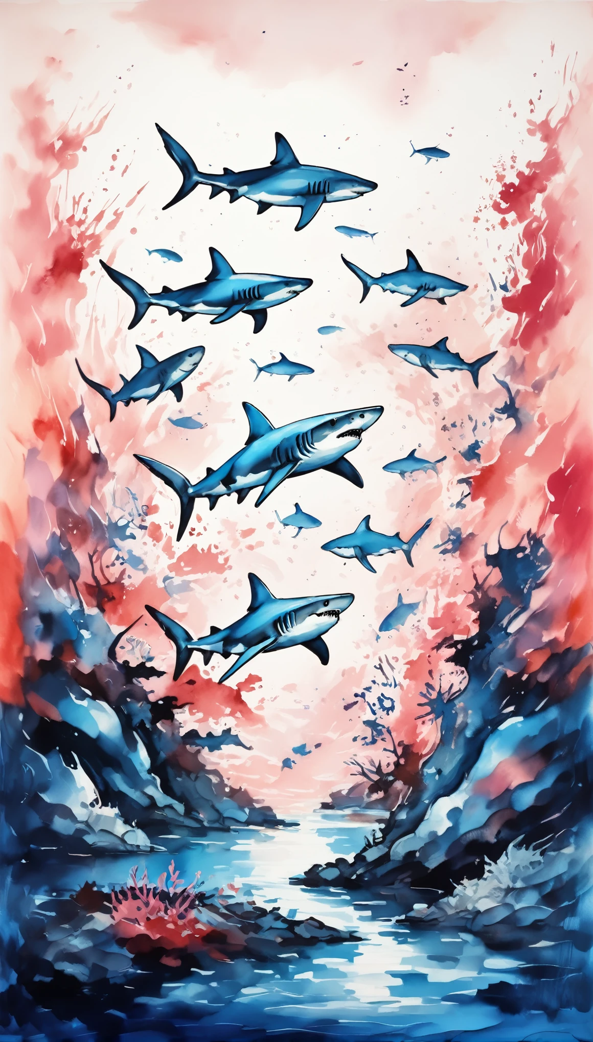 Deep blue fantasy landscape, Van Gogh style, Many cartoon sharks，Underwater swimming effect， Clear focus, Pink background,
