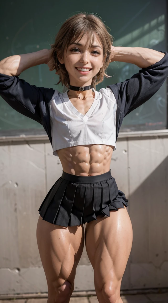 (Muscular:2.4), (thick thighs:2.4)
(woman), adult, (blunt bangs),
(big smile:1.8), detailed eyes, clean skin, low key (DETAILED SKIN),
(hard :1.1), (flat chest:2),
eyeshadow, lipstick, glasses,
(school uniform, pleated skirt, choker, midriff:1.8),
(upper body view:1.4), (three quarter view:1.5), (looking at viewer:1.2), from above,
rim lighting, two tone lighting, dimly lit