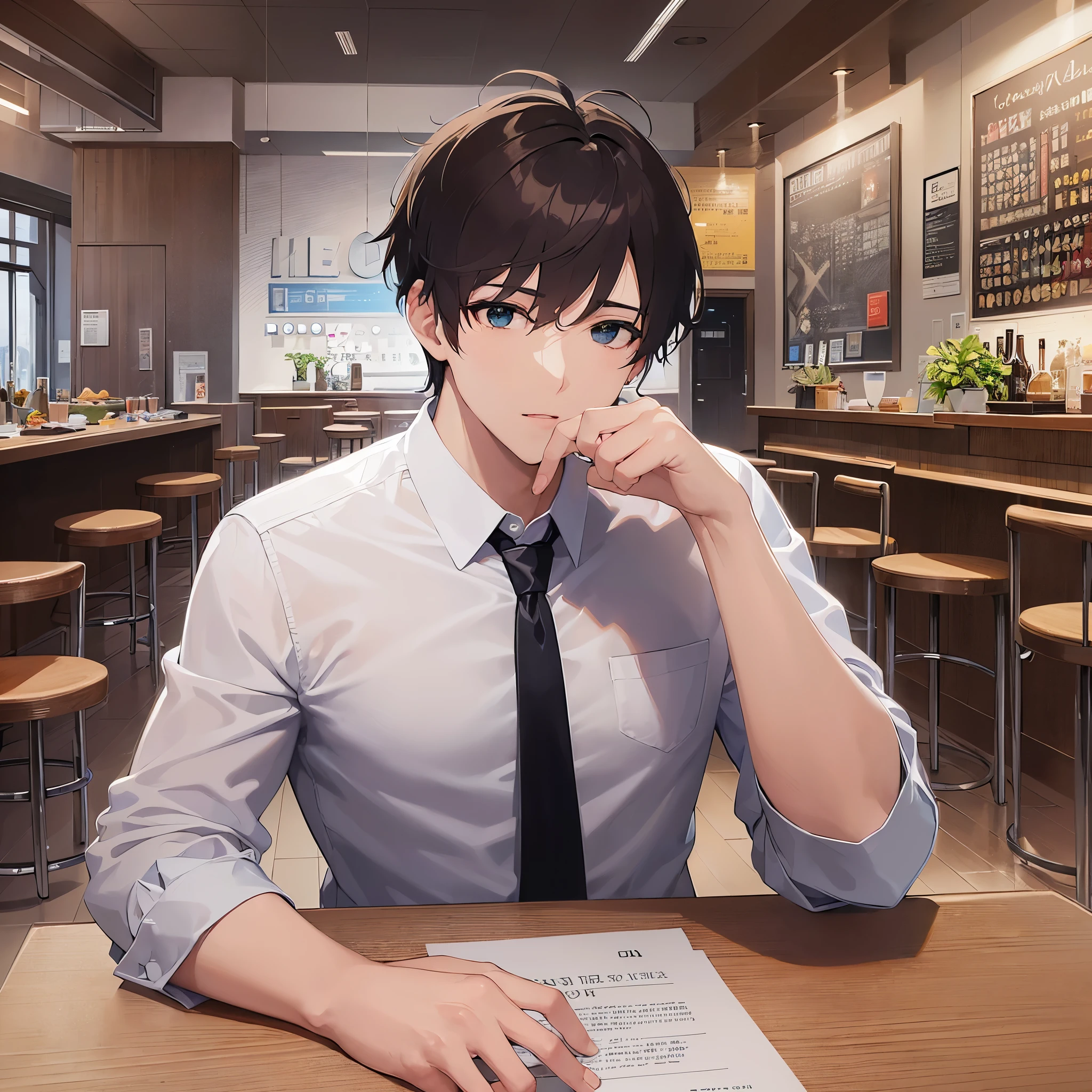 side ungle,upper body、
masterpiece、Highest quality、
BREAK (25-year-old male:1.5) and (Mahogany brown short hair) and (Green Eyes) BREAK (white collared shirt) and (Blue tie),Serious expression,The background is the interior of a restaurant at night.,Sitting