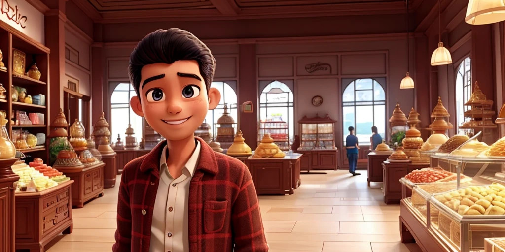 A scene of a large showroom in which Sohan is
showing high quality products to customers.
The showroom has beautiful displays and a crowd. Sohan
has a look of happiness and pride on his face.8k