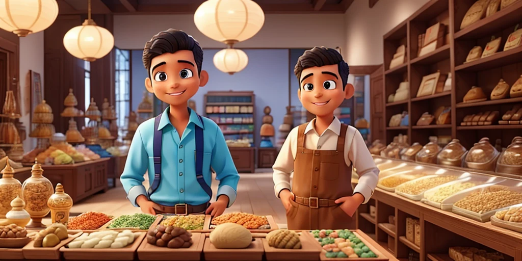 A scene of a large showroom in which Sohan is

showing high quality products to customers.

The showroom has beautiful displays and a crowd. Sohan

has a look of happiness and pride on his face.8k