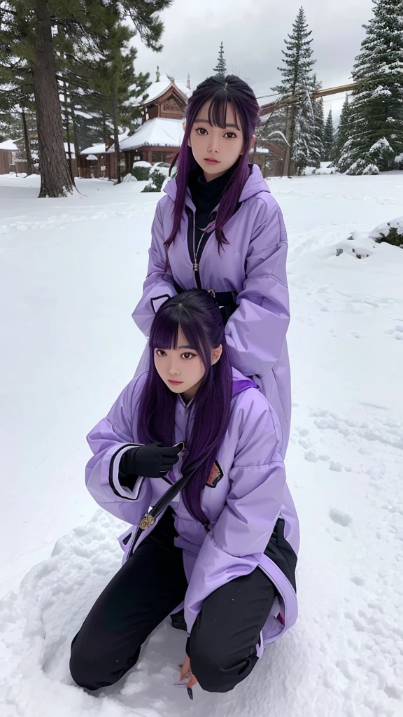 traditional asian goddess girl, violet hair, with a violet colour futuristic and technological armor, Long coat, beautiful Hoodie, Gloves, Boots, dynamic, is kneeling on the ground with a sword in her hand, snow background, detailed, hyper realistic, 4k, cinematic.