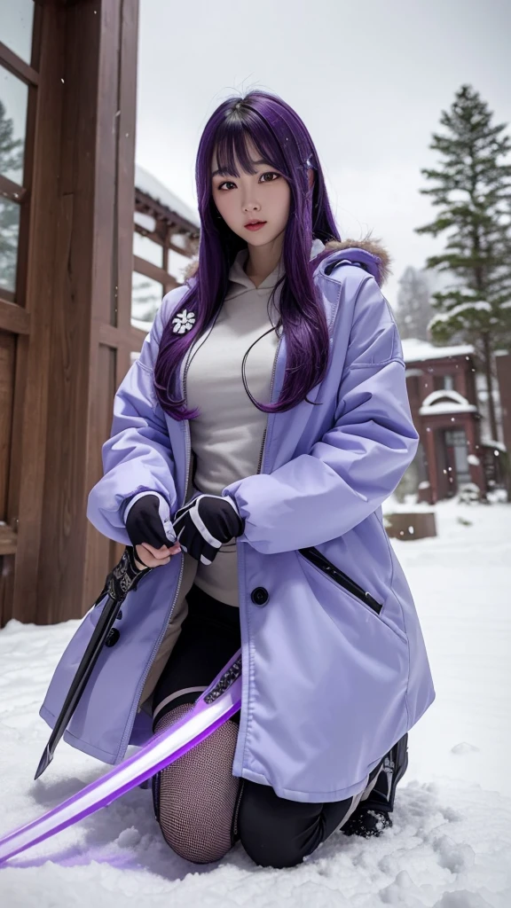 traditional asian goddess girl, violet hair, with a violet colour futuristic and technological armor, Long coat, beautiful Hoodie, Gloves, Boots, dynamic, is kneeling on the ground with a sword in her hand, snow background, detailed, hyper realistic, 4k, cinematic.