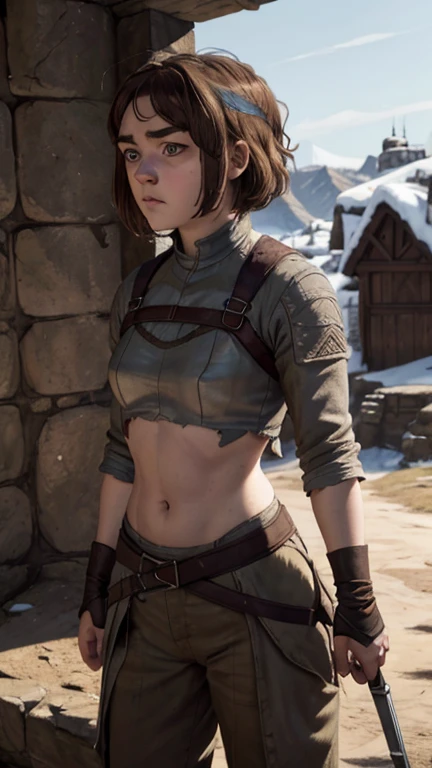 8k, Maisie Williams face, pale skin, toned abs, small breast, round ass, her round ass visible, brown hair, Maisie Williams as Arya Stark, torn ragged peasant clothes, standing stance, winterfell in background