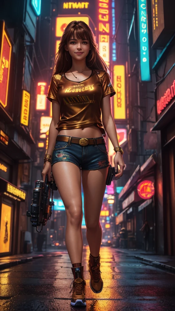 (ultra quality, 4k, 8k, high resolution, masterpiece: 1.2), ultra detailed, (realistic, photorealistic, photorealistic: 1.37) A beautiful young woman walking through a neon-lit cyberpunk city, smiling with her brown eyes, wearing shorts, a red and gold blouse, and long brown hair, (best quality,4k,8k,highres,masterpiece:1.2),ultra-detailed,(realistic,photorealistic,photo-realistic:1.37),hyperrealistic illustration, full body, cyberpunk, cityscape, neon lights, female character, detailed face, beautiful eyes, smiling, shorts, red and gold blouse, long brown hair, intricate details, cinematic lighting, vibrant colors