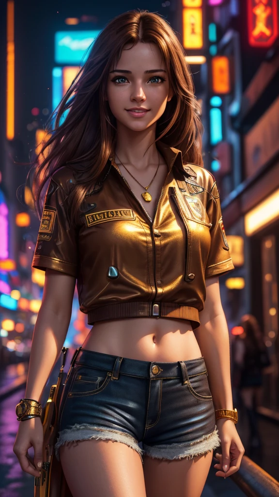 (ultra quality, 4k, 8k, high resolution, masterpiece: 1.2), ultra detailed, (realistic, photorealistic, photorealistic: 1.37) A beautiful young woman walking through a neon-lit cyberpunk city, smiling with her brown eyes, wearing shorts, a red and gold blouse, and long brown hair, (best quality,4k,8k,highres,masterpiece:1.2),ultra-detailed,(realistic,photorealistic,photo-realistic:1.37),hyperrealistic illustration, full body, cyberpunk, cityscape, neon lights, female character, detailed face, beautiful eyes, smiling, shorts, red and gold blouse, long brown hair, intricate details, cinematic lighting, vibrant colors