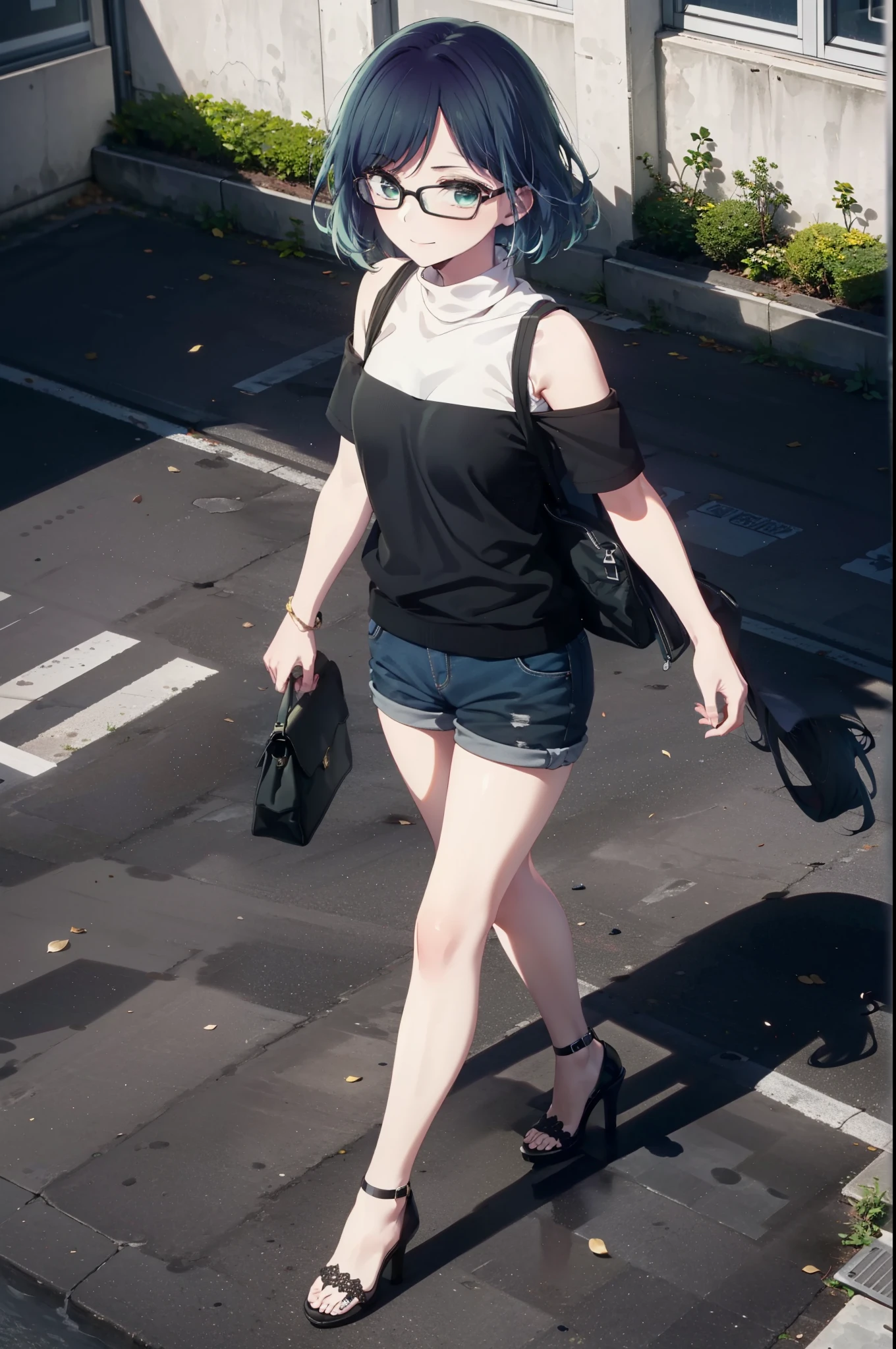 akanekurokawa, akane kurokawa, bangs, (Green Eyes:1.3), Blue Hair, Medium Hair, dark Blue Hair,smile,Black-rimmed glasses,Cold shoulder tops,Short sleeve,Shorts,Stiletto heels,Walking,Daytime,Clear skies,whole bodyがイラストに入るように,
break outdoors, School,courtyard,
break looking at viewer, whole body,
break (masterpiece:1.2), Highest quality, High resolution, unity 8k wallpaper, (figure:0.8), (Beautiful attention to detail:1.6), Highly detailed face, Perfect lighting, Highly detailed CG, (Perfect hands, Perfect Anatomy),