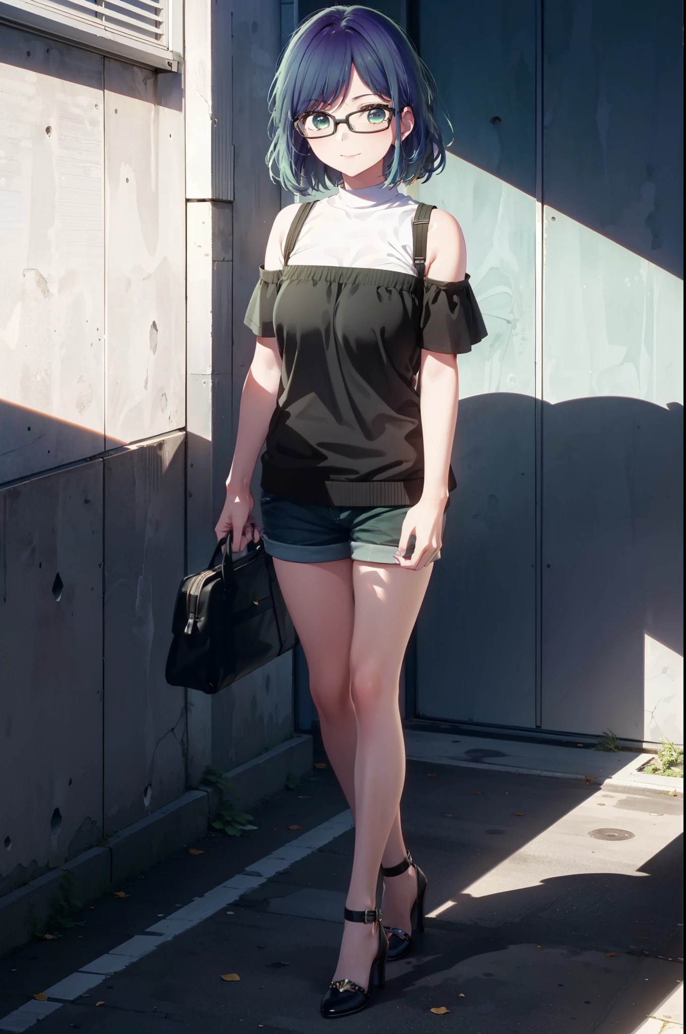 akanekurokawa, akane kurokawa, bangs, (Green Eyes:1.3), Blue Hair, Medium Hair, dark Blue Hair,smile,Black-rimmed glasses,Cold shoulder tops,Short sleeve,Shorts,Stiletto heels,Walking,Daytime,Clear skies,whole bodyがイラストに入るように,
break outdoors, School,courtyard,
break looking at viewer, whole body,
break (masterpiece:1.2), Highest quality, High resolution, unity 8k wallpaper, (figure:0.8), (Beautiful attention to detail:1.6), Highly detailed face, Perfect lighting, Highly detailed CG, (Perfect hands, Perfect ???????),