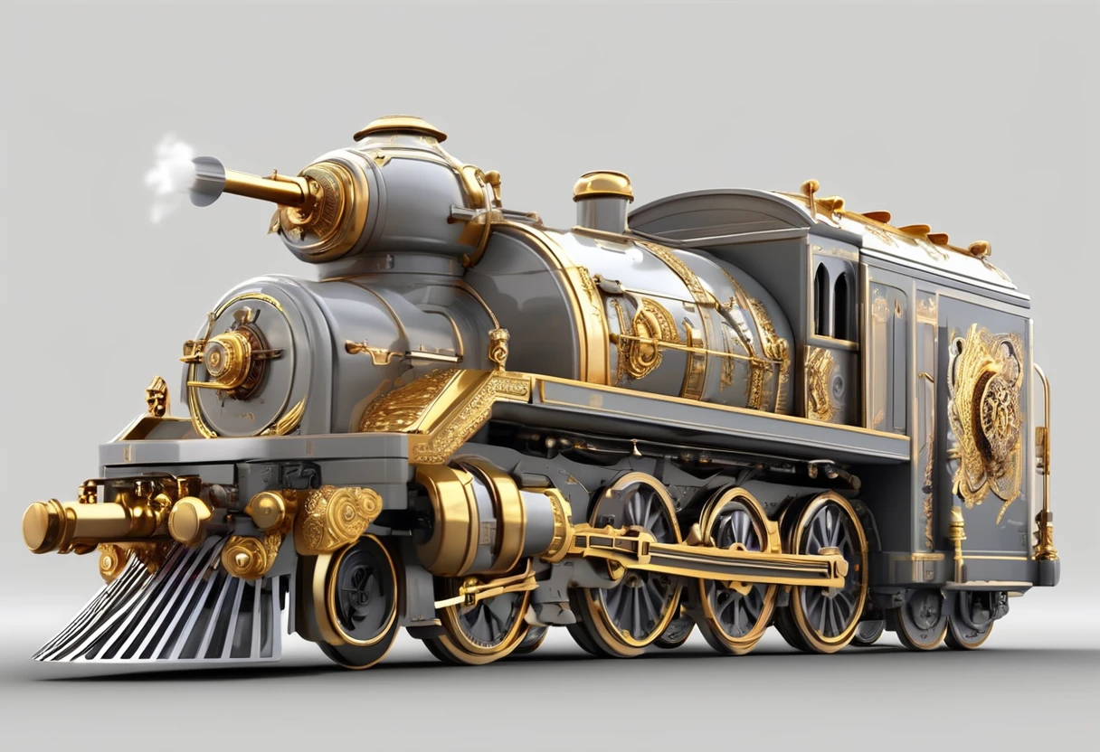 solid light grey background, Steam locomotive,Gold and gray armored vehicle , Complex and sophisticated internal structure, Heavy golden armor,Heavy weapons, Weapon Flash。(Well-designed, High Detail, masterpiece, best quality, Ultra HD, Sharpen details)