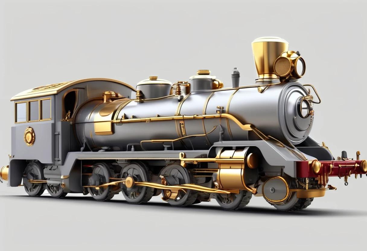 solid light grey background, Steam locomotive,Gold and gray armored vehicle , Complex and sophisticated internal structure, Heavy golden armor,Heavy weapons, Weapon Flash。(Well-designed, High Detail, masterpiece, best quality, Ultra HD, Sharpen details)