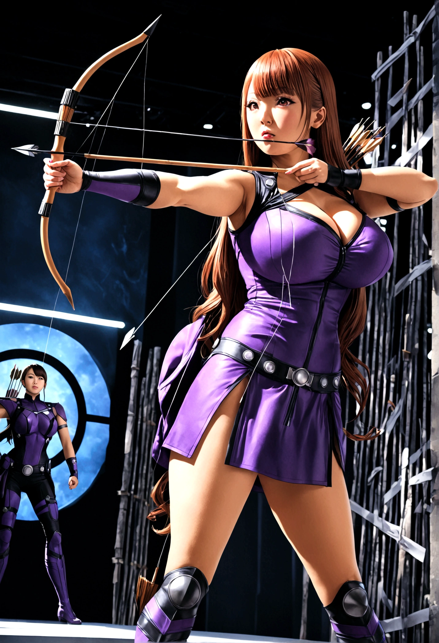 a cute woman, 1girl, Hitomi Tanaka, Hawkeye costume, Marvel character, bow and arrow, arrows in quiver, striking cool poses, Comic Con, photorealistic, 8k, detailed description, cinematic lighting, dynamic composition, vibrant colors