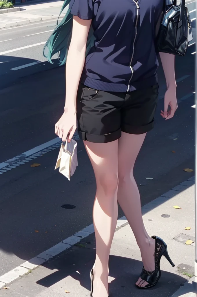 akanekurokawa, akane kurokawa, bangs, (Green Eyes:1.3), Blue Hair, Medium Hair, dark Blue Hair,smile,Black-rimmed glasses,Cold shoulder tops,Short sleeve,Shorts,Stiletto heels,Walking,Daytime,Clear skies,whole bodyがイラストに入るように,
break outdoors, School,courtyard,
break looking at viewer, whole body,
break (masterpiece:1.2), Highest quality, High resolution, unity 8k wallpaper, (figure:0.8), (Beautiful attention to detail:1.6), Highly detailed face, Perfect lighting, Highly detailed CG, (Perfect hands, Perfect Anatomy),
