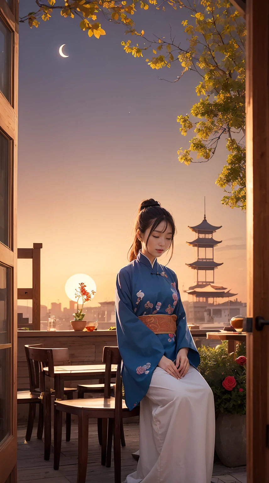 In the courtyard，There are beautiful wooden tables and chairooncakes on the table、fruit、tea, wait，There are also incense candles to add extra light to your surroundings.。The girls stood scattered throughout the courtyard.，Some people sit on chairs，Laughter。They are all、He was wearing ancient Chinese clothing.，Disheveled clothes，Looking further ahead，A bright moon is floating in the sky。The image style is、Combining watercolor and digital illustration techniques、It makes you feel like you&#39;re there。