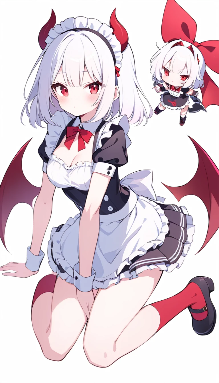age girl, devil girl, little red horns, white hair, short fluffy hair, big red eyes, pale skin, rosy cheeks, medium breasts, red cheeks, maid outfit. white background, full body