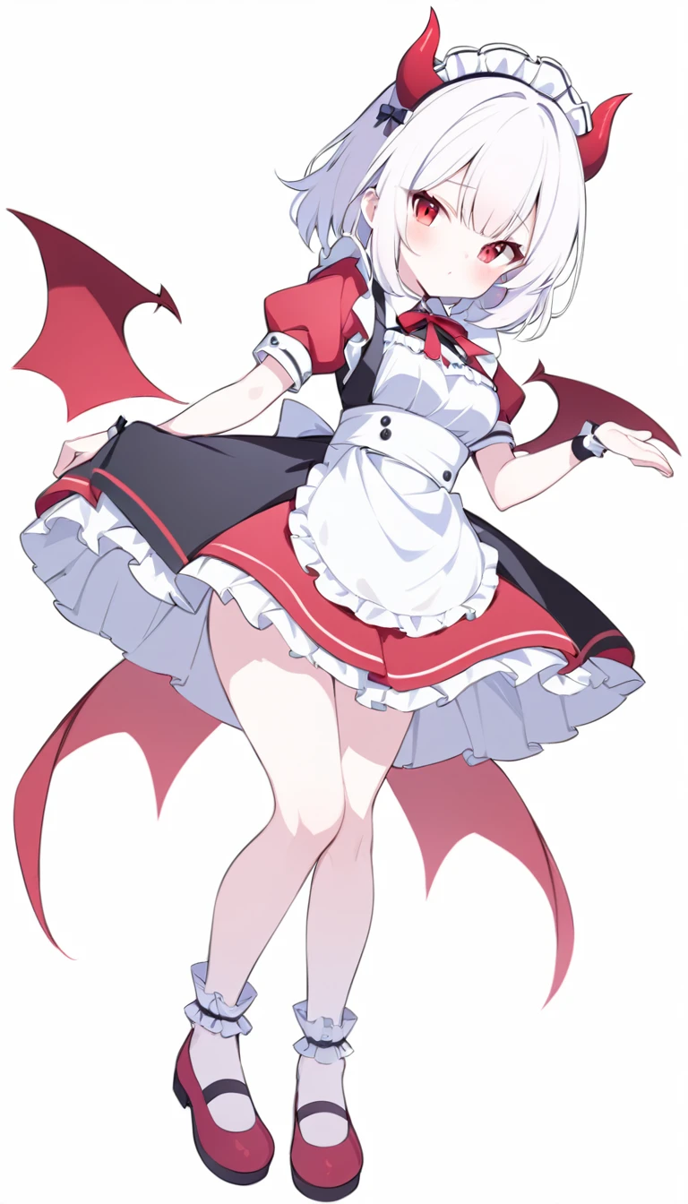 age girl, devil girl, little red horns, white hair, short fluffy hair, big red eyes, pale skin, rosy cheeks, medium breasts, red cheeks, maid outfit. white background, full body