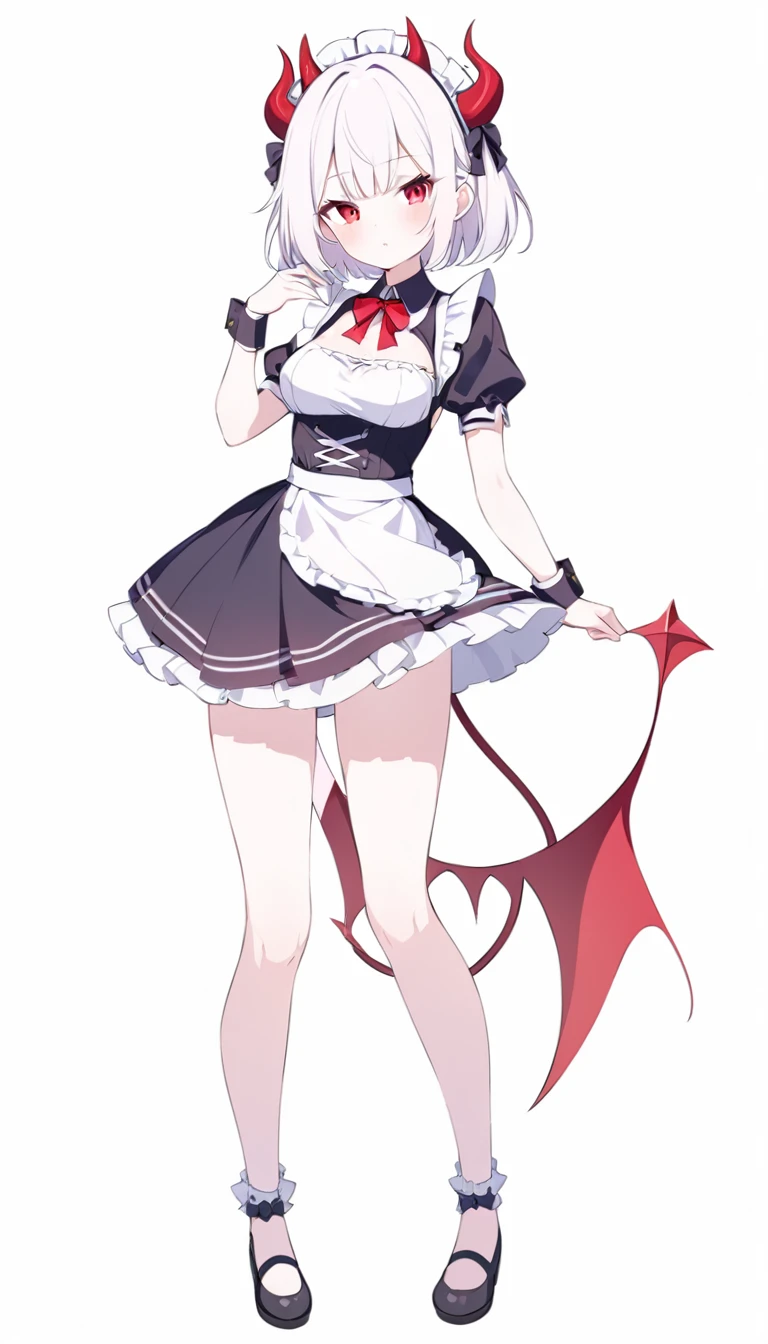 Teenage girl, devil girl, little red horns, white hair, short fluffy hair, big red eyes, pale skin, rosy cheeks, medium breasts, red cheeks, maid outfit. white background, full body