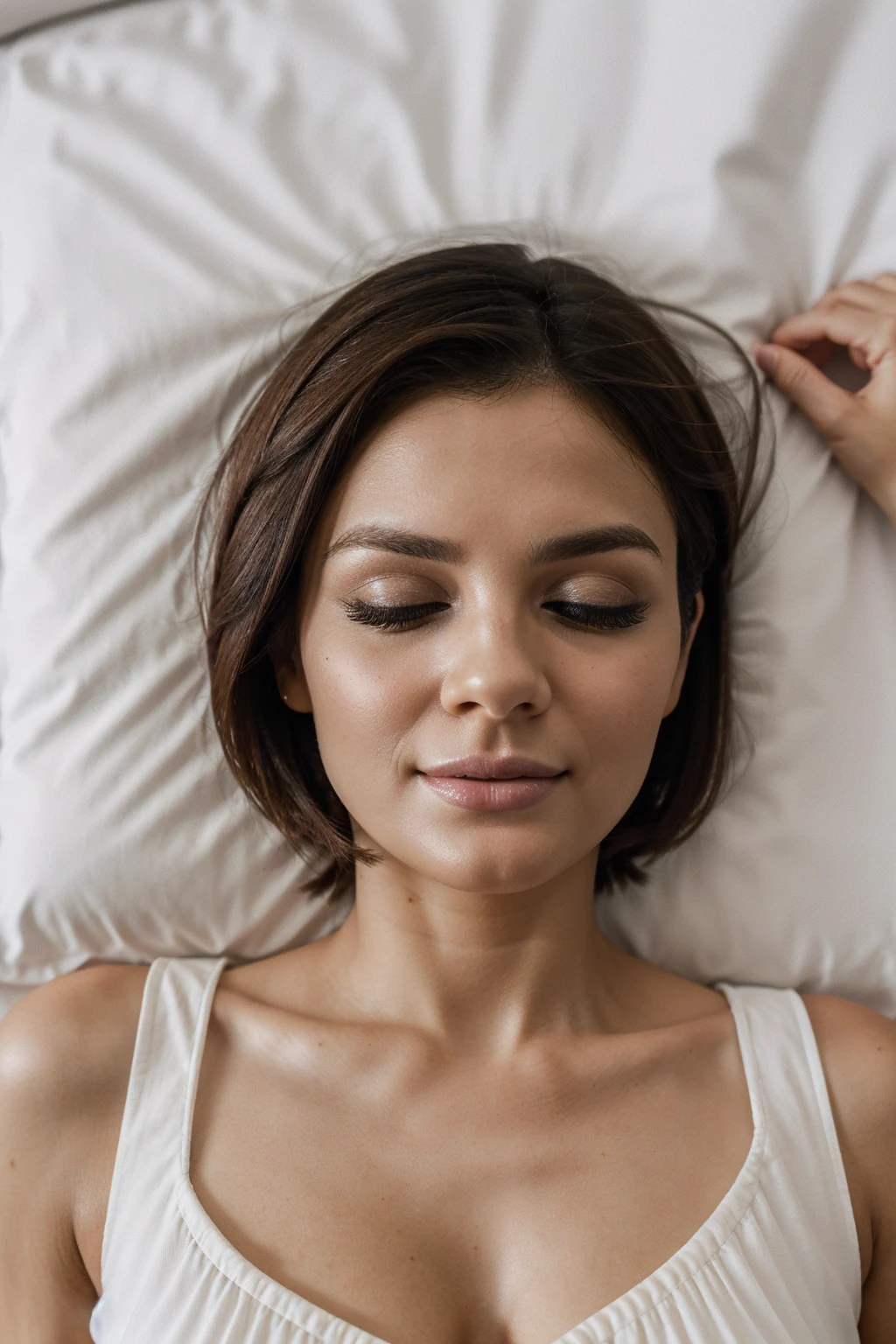 34 years old Maltese woman sleeping eyes closed in bed sideways under bed covers, back turned from camera, early morning, cute, solo,beautiful detailed sky,detailed, (8k, RAW photo, best quality, masterpiece:1.2), (realistic, photo-realistic:1.37), ultra-detailed,(nose blush),(closed mouth), seductive smile, large aparture, professional lighting, Sony A7R4, Zessie 50mm F1.8, ,beautiful detailed eyes,(bed covers:1.1),pleated,(short hair:1.2),floating hair, full body visible