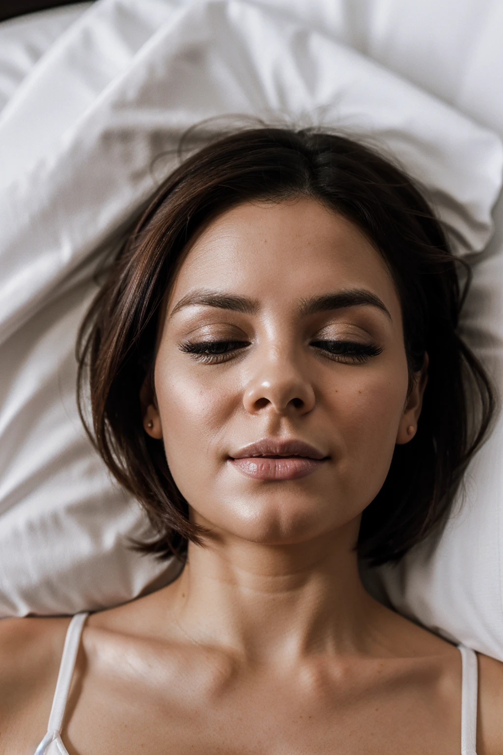 34 years old Maltese woman sleeping eyes closed in bed sideways under bed covers, back turned from camera, early morning, cute, solo,beautiful detailed sky,detailed, (8k, RAW photo, best quality, masterpiece:1.2), (realistic, photo-realistic:1.37), ultra-detailed,(nose blush),(closed mouth), seductive smile, large aparture, professional lighting, Sony A7R4, Zessie 50mm F1.8, ,beautiful detailed eyes,(bed covers:1.1),pleated,(short hair:1.2),floating hair, full body visible