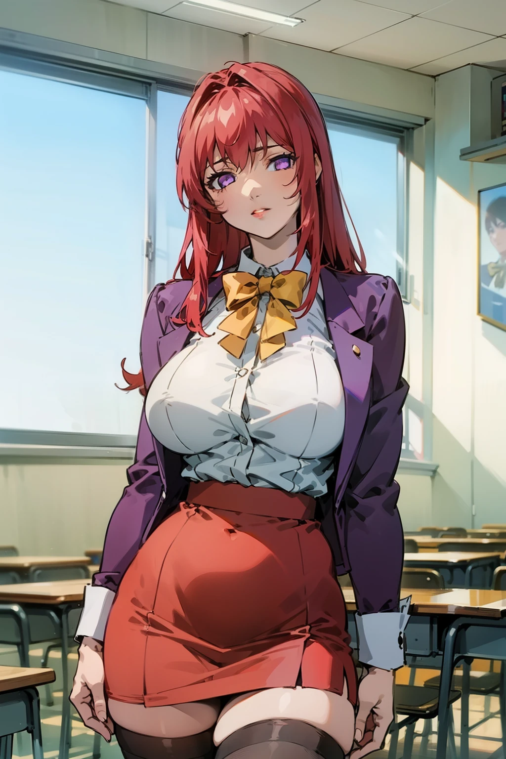 (high quality:1.2), intricate detailed, digital art, TakashiroHiroko, 1girl, mature female, solo, hand on hip, holding book, cowboy shot, looking at viewer, smile, blush, purple eyes, long hair, red hair, earrings, jewelry, teacher, blouse, bowtie, blazer, pencil skirt, thighhighs, curvy, large breasts, school, window, sky, sunlight, city, complex background, sunset,
