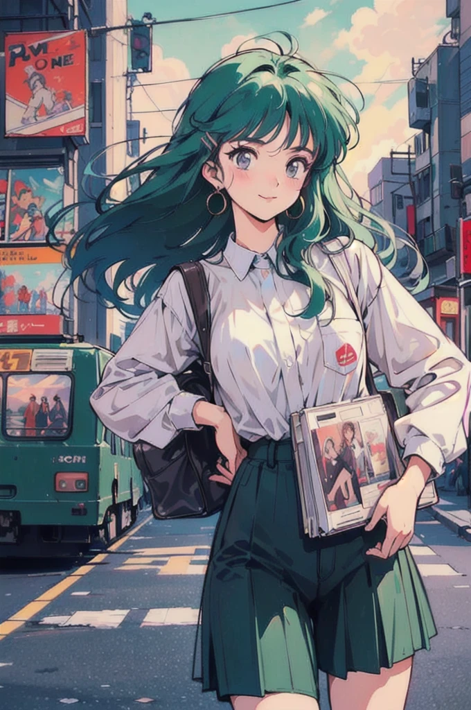 (80's, Retro, City Pop Poster:1.5), (Album cover), (masterpiece, Highest quality), (anime, figure), (pastel colour:1.4),
Best Photo Poses, Dynamic Angle,
Cheerful face、smile、One high school girl、、On the road、sunset、Complex background、Detailed Hair、Light green hair with pink inner color、Wavy Hair、Gradient Hair、Green Hair、Side braids、hair like clouds、Soft Hair、Two Side Up Hair、Faint lighting、There is movement、Lively and active、Gold hair clip、loose socks、Checked skirt、Carrying a school bag、