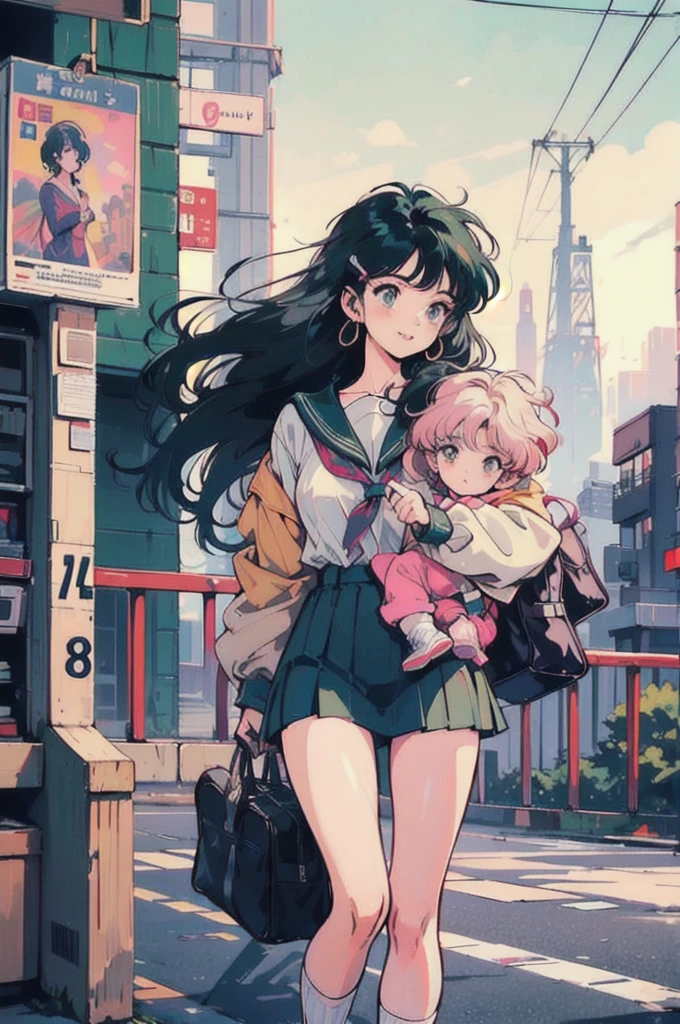 (80's, Retro, City Pop Poster:1.5), (Album cover), (masterpiece, Highest quality), (anime, figure), (pastel colour:1.4), 
Best Photo Poses, Dynamic Angle,
Cheerful face、smile、One high school girl、、On the road、sunset、Complex background、Detailed Hair、Light green hair with pink inner color、Wavy Hair、Gradient Hair、Green Hair、Side braids、hair like clouds、Soft Hair、Two Side Up Hair、Faint lighting、There is movement、Lively and active、Gold hair clip、loose socks、Checked skirt、Carrying a school bag、